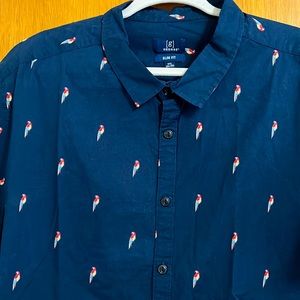 3XL slim fit, Blue tropical bird short sleeve button down shirt.